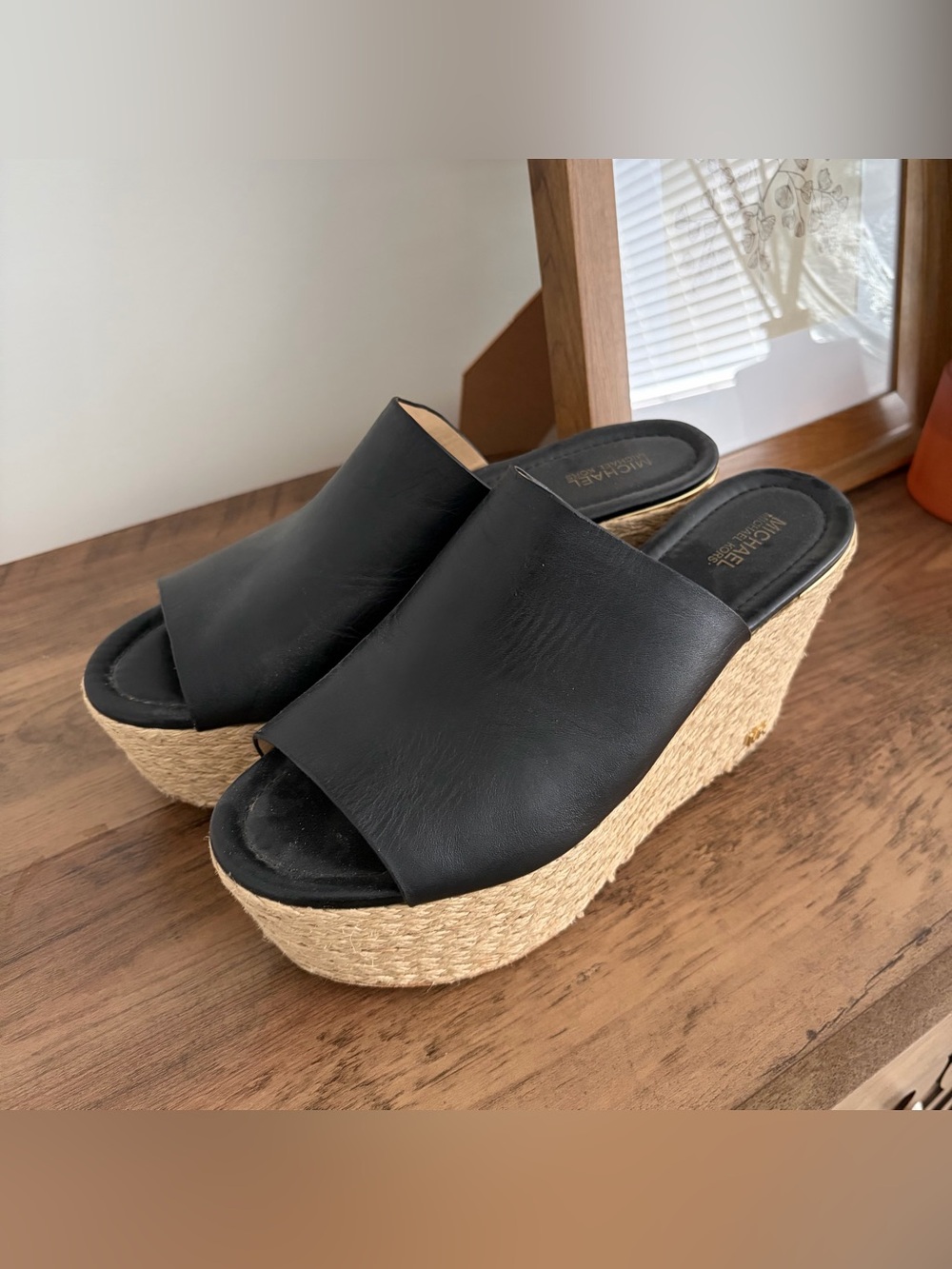 Michael Kors Black Leather Espadrille Wedge Slide Mule